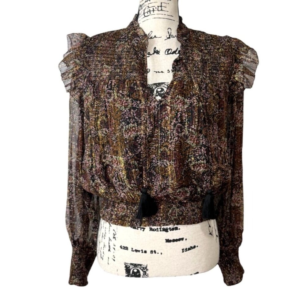 Allison New York ANTHROPOLOGIE Smocked Blouse Metallic Top Tassel Womens Size M